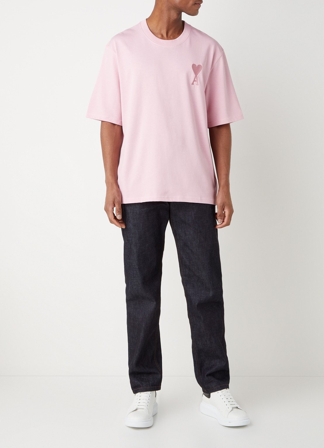 AMI Paris T-shirt van  katoen met logoborduring  - voorkant 4 roze