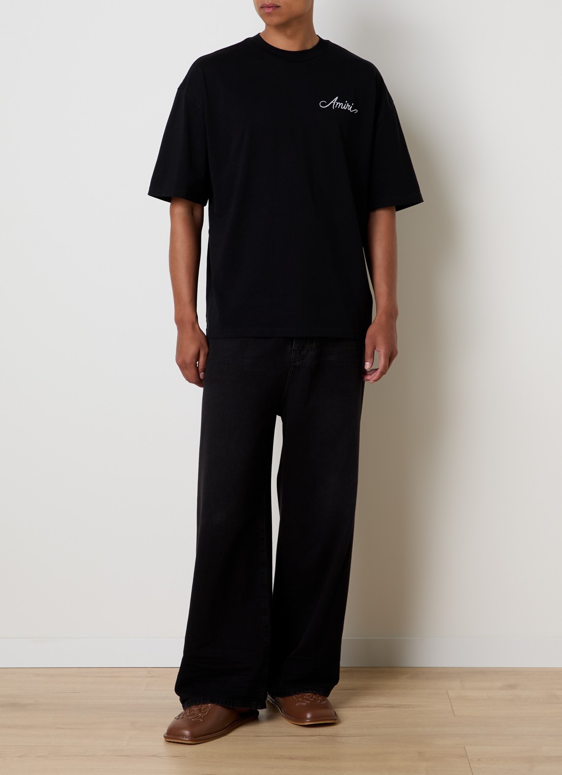 AMIRI Check T-shirt met logo- en backprint - voorkant 2 zwart