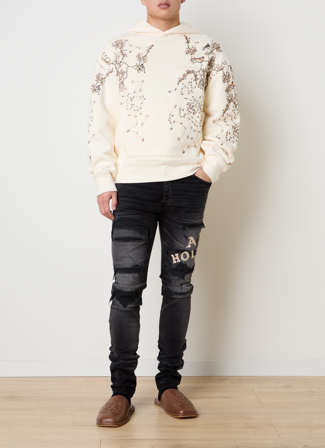 AMIRI Hoodie met borduring en kralendecoratie - voorkant 3 ivoor