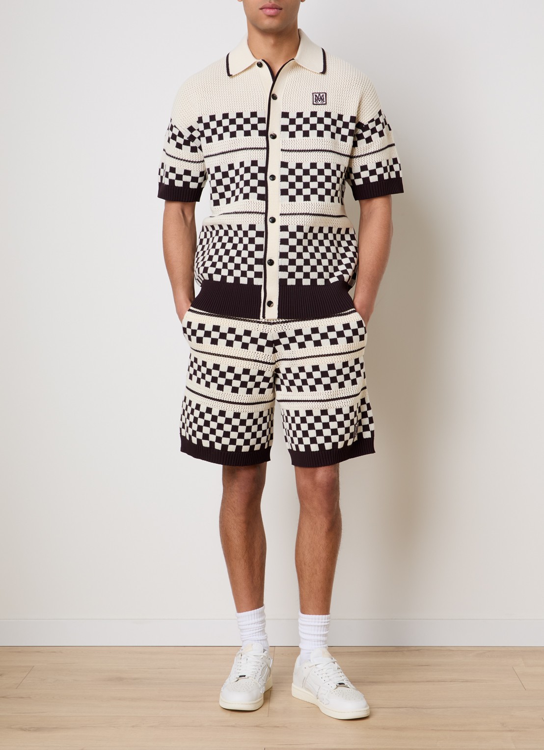 AMIRI Loose fit korte broek in wolblend met ruitdessin - voorkant 4 creme
