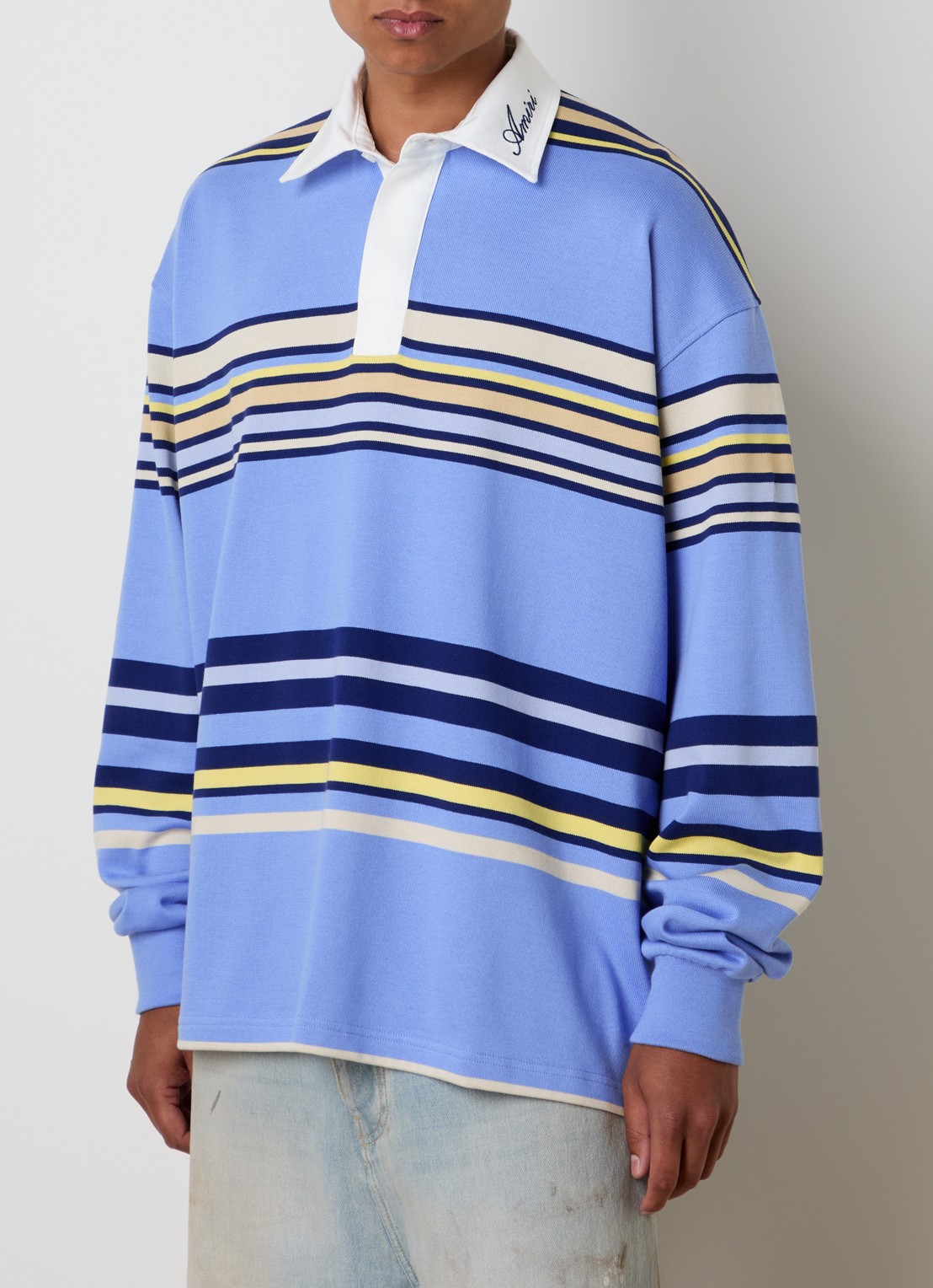 AMIRI Polo met logo en streepprint - detail 3 blauw