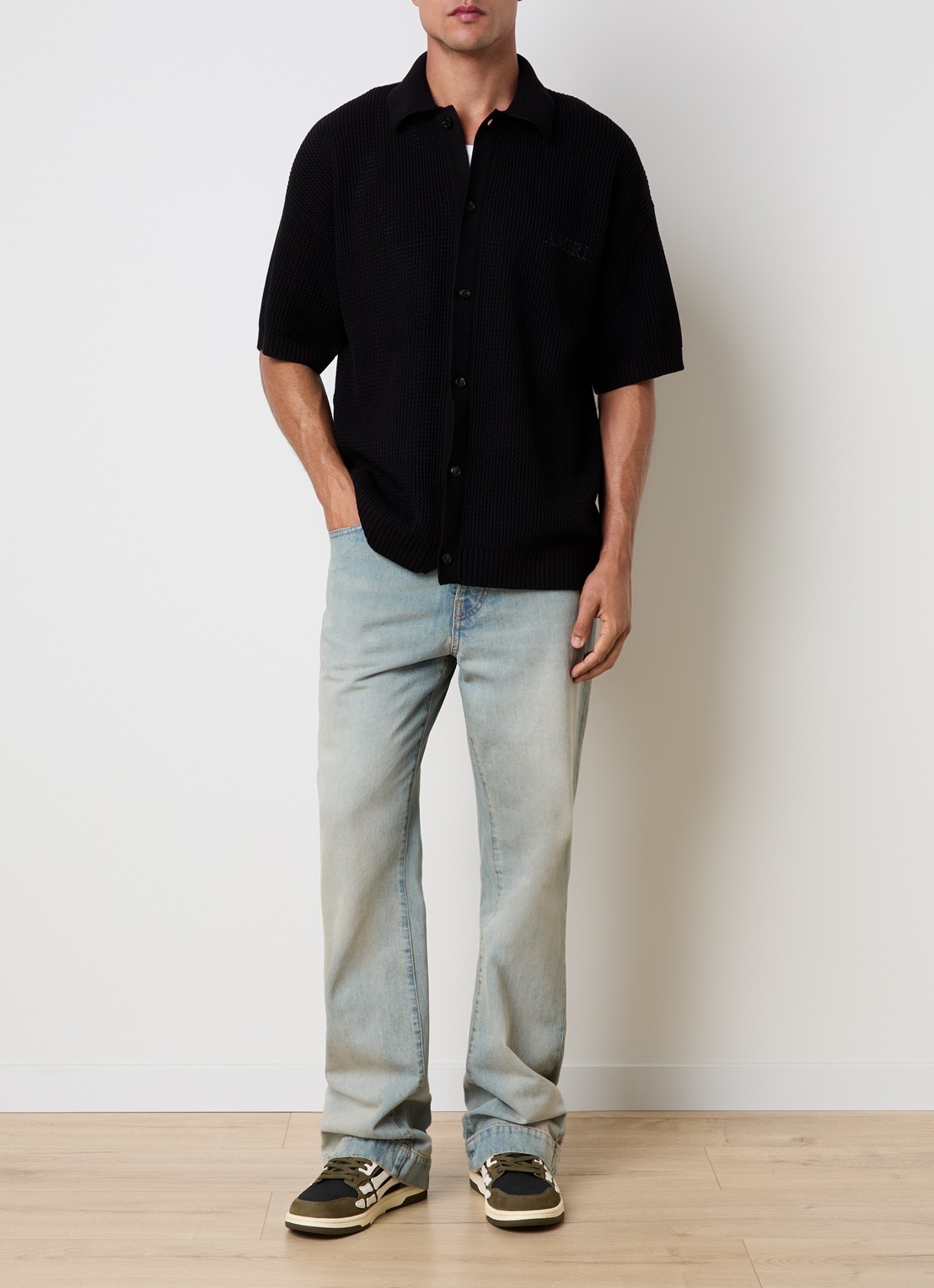 AMIRI Regular fit overhemd met opengewerkt dessin en logoborduring - voorkant 2 zwart