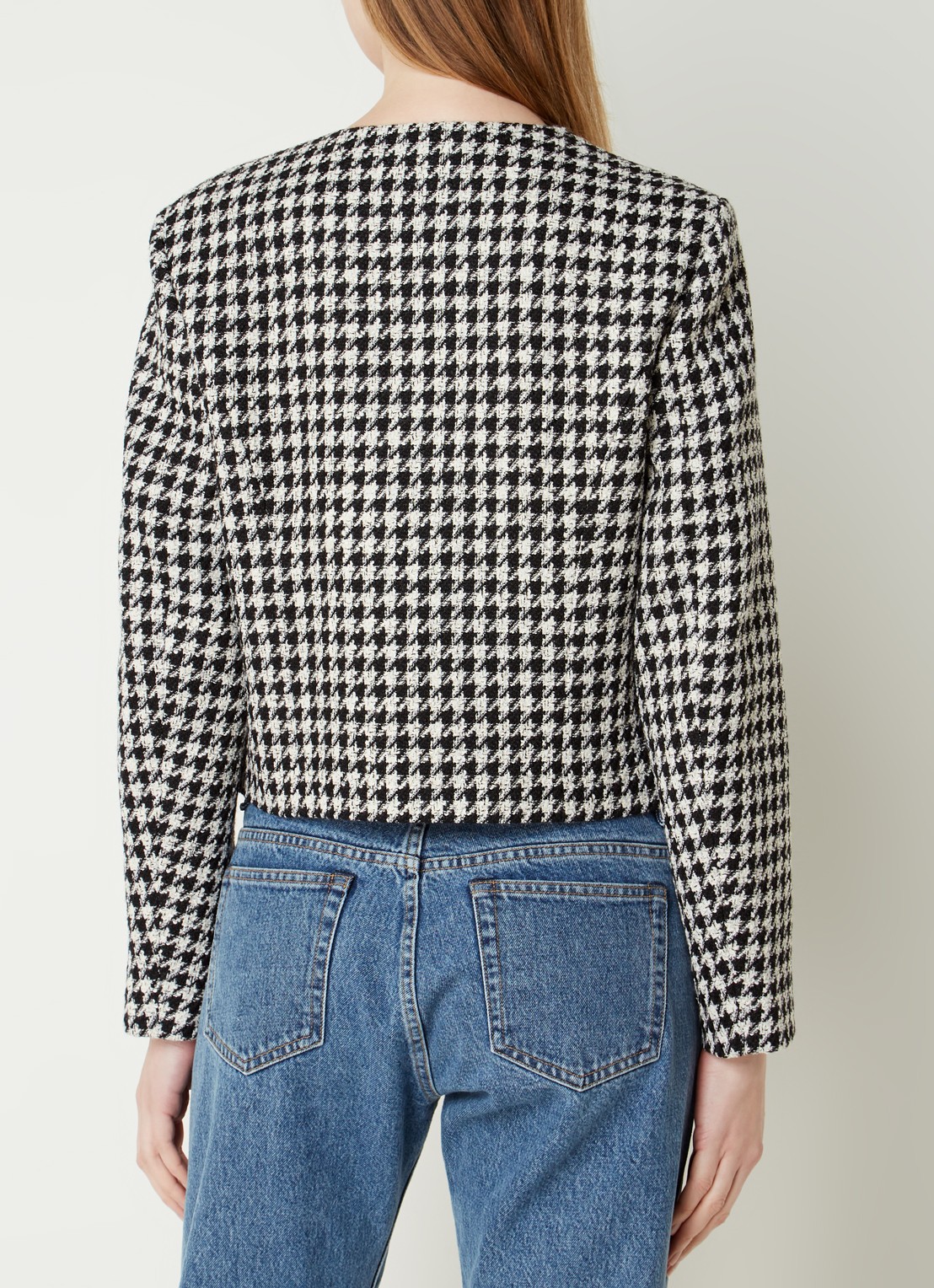 Anine Bing Cara cropped blazer van tweed met pied-de-poule dessin - achterkant zwart