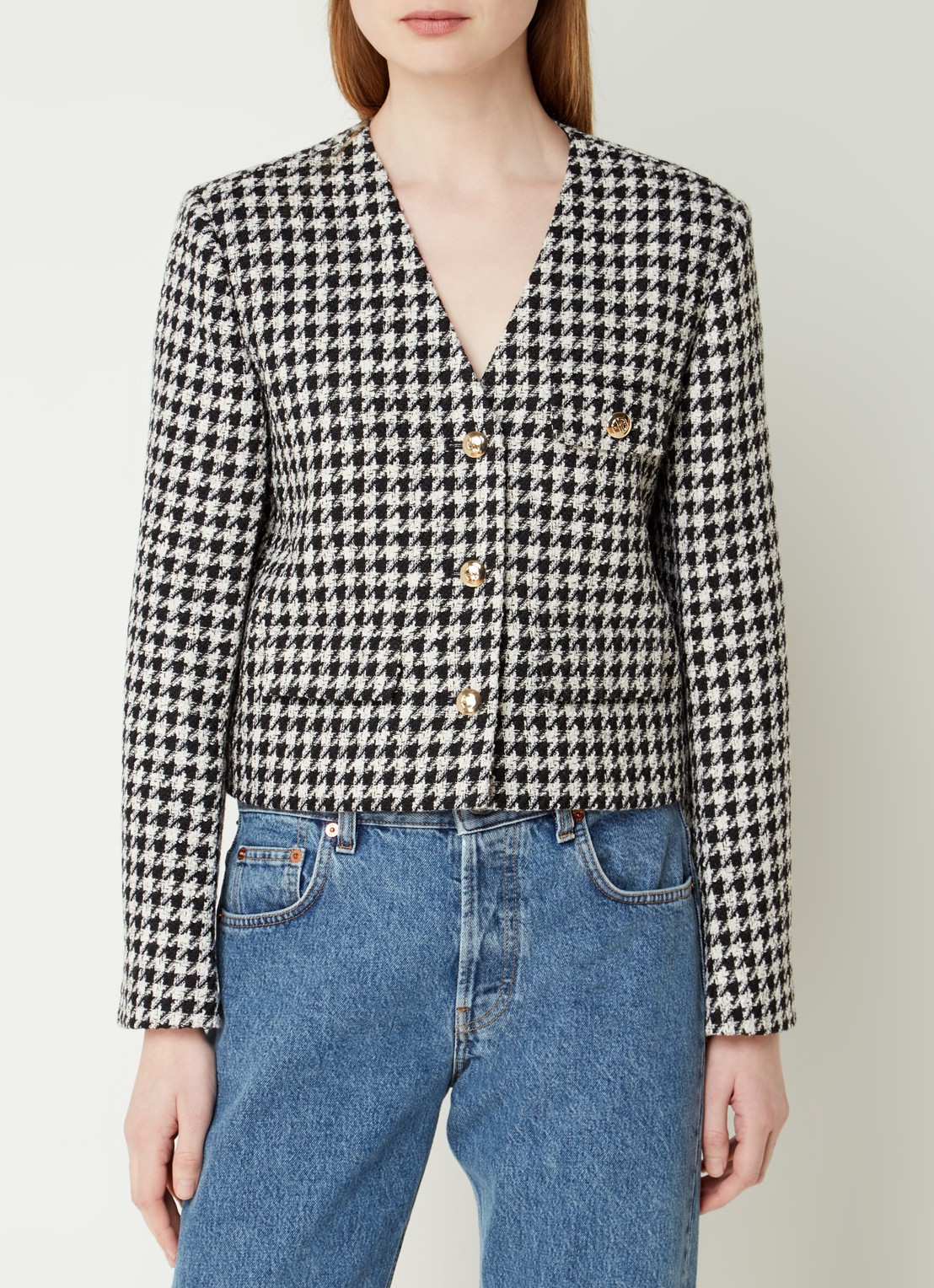 Anine Bing Cara cropped blazer van tweed met pied-de-poule dessin - detail 2 zwart