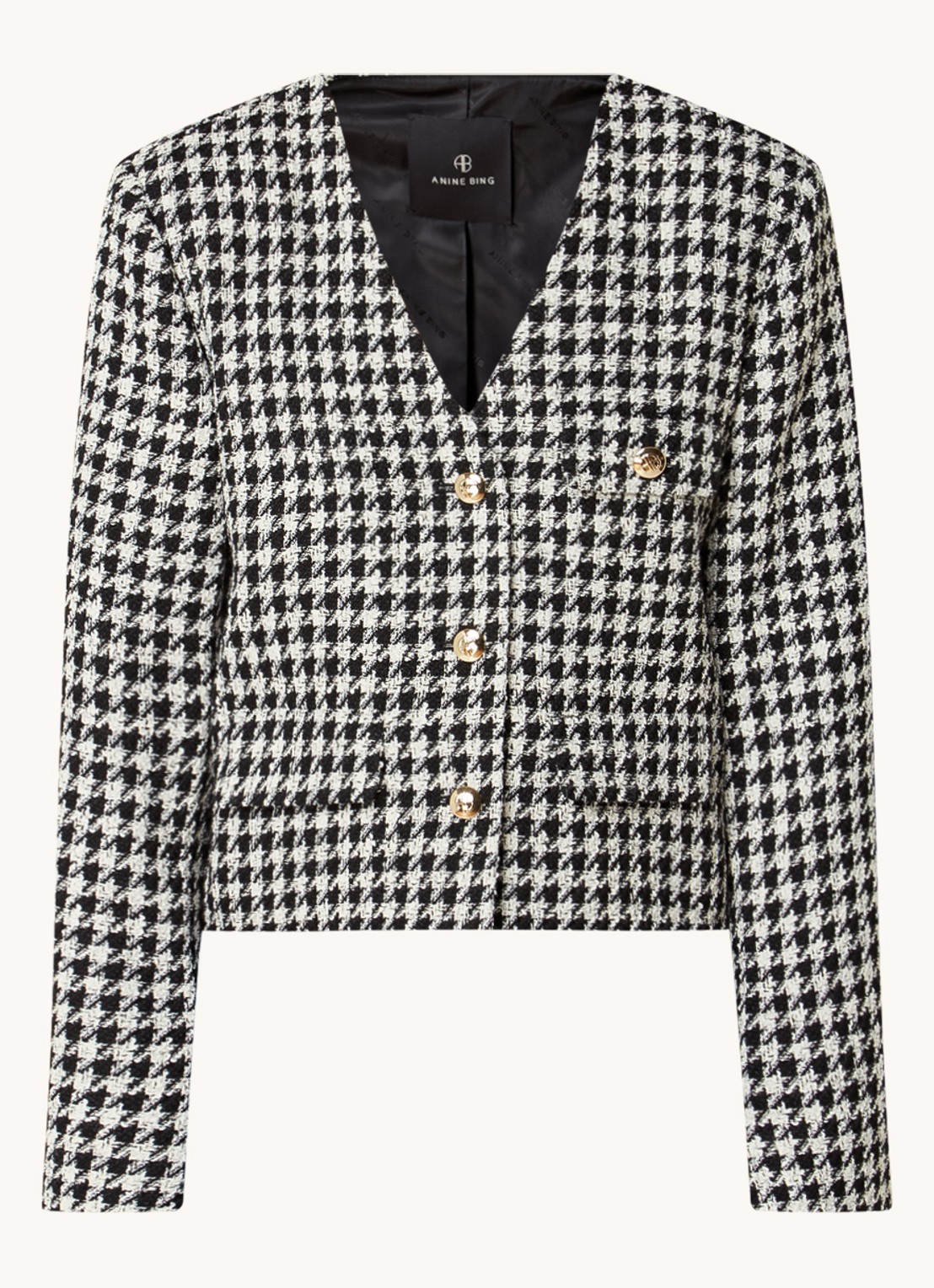 Anine Bing Cara cropped blazer van tweed met pied-de-poule dessin - voorkant 4 zwart