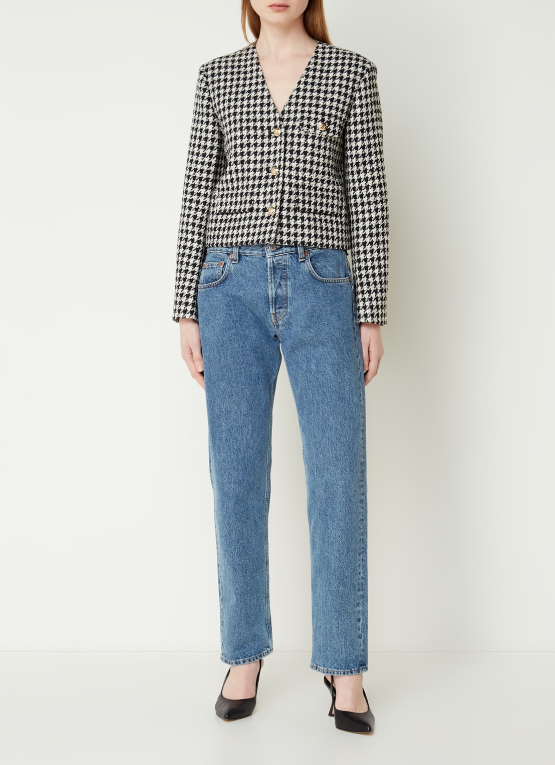Anine Bing Cara cropped blazer van tweed met pied-de-poule dessin - voorkant 5 zwart