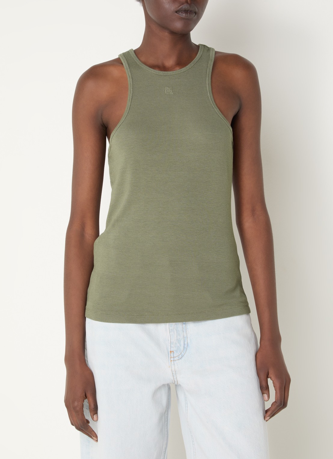 Anine Bing Cole tanktop met ribstructuur - detail 3 olijfgroen