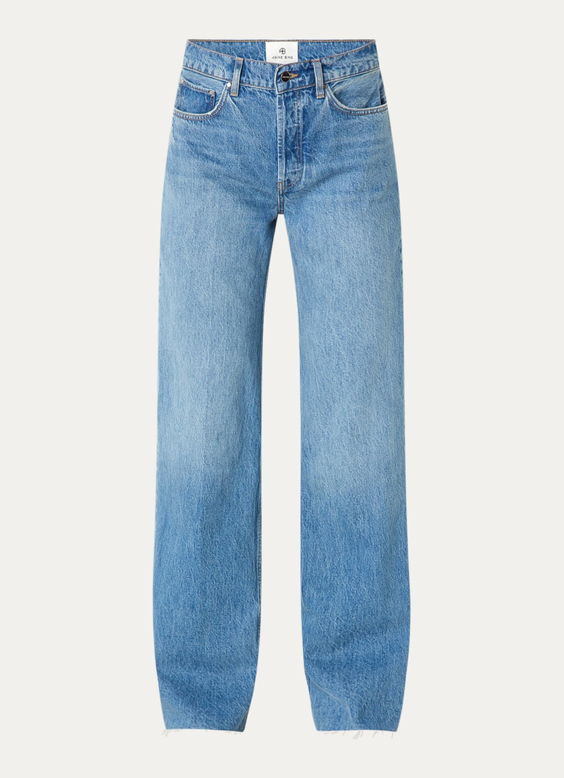 Anine Bing Hugh high waist straight leg jeans met medium wassing en steekzakken  - voorkant indigo