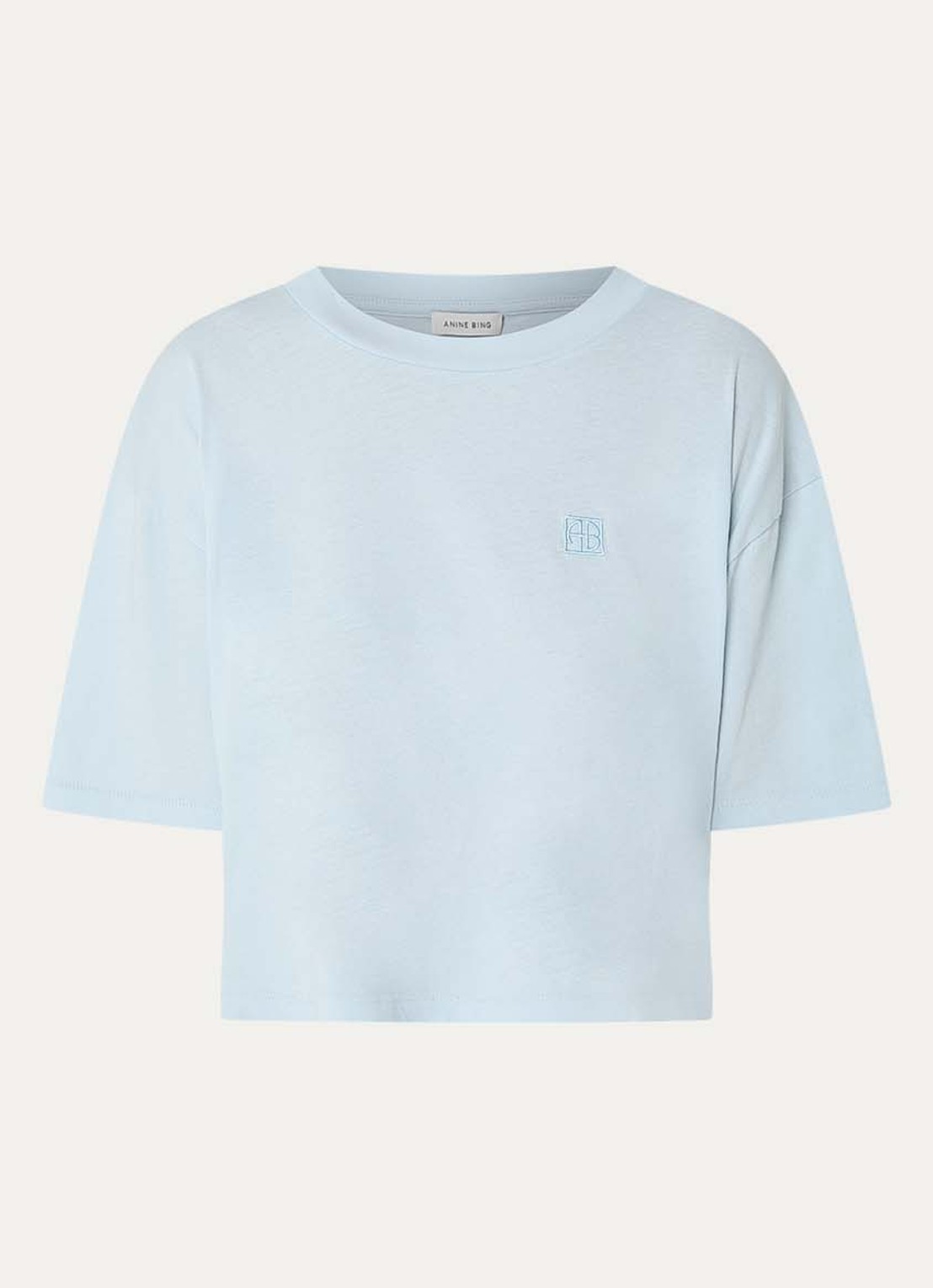 Anine Bing Johnny cropped T-shirt met logo - voorkant 2 lichtblauw