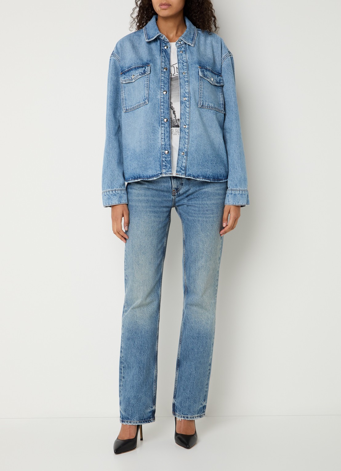 Anine Bing Paxton blouse van denim met borstzakken - voorkant 2 indigo