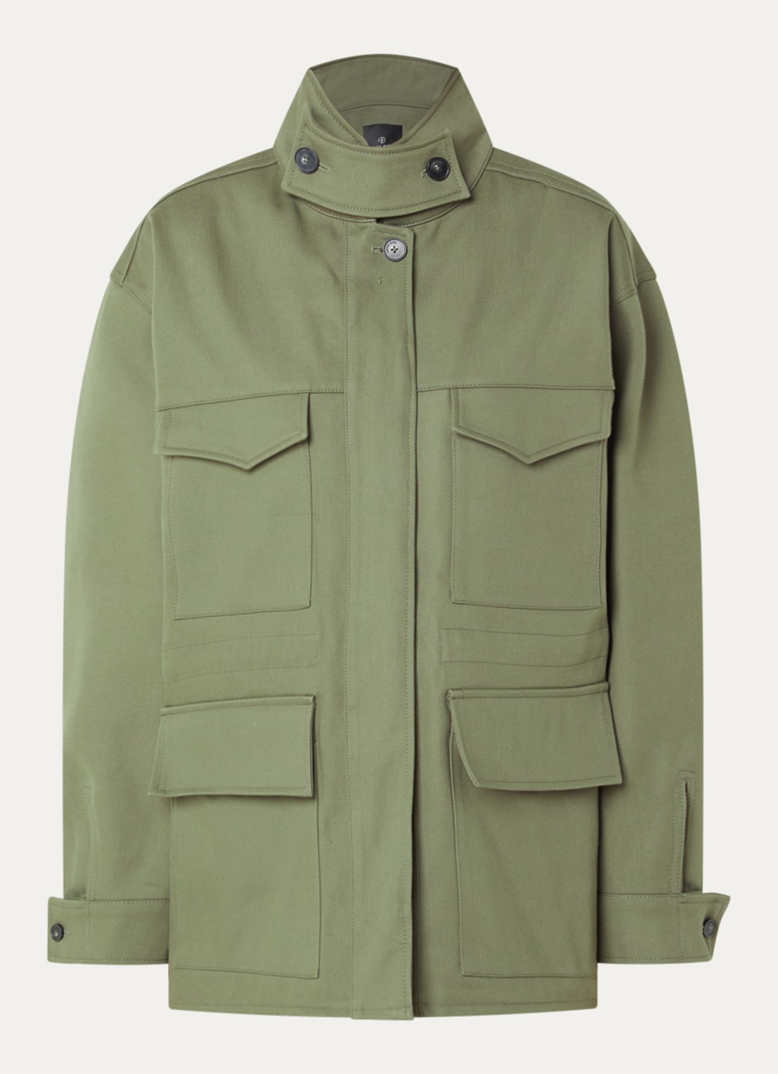 Anine Bing Sahara trenchcoat met opstaande kraag en klepzakken - voorkant 3 legergroen
