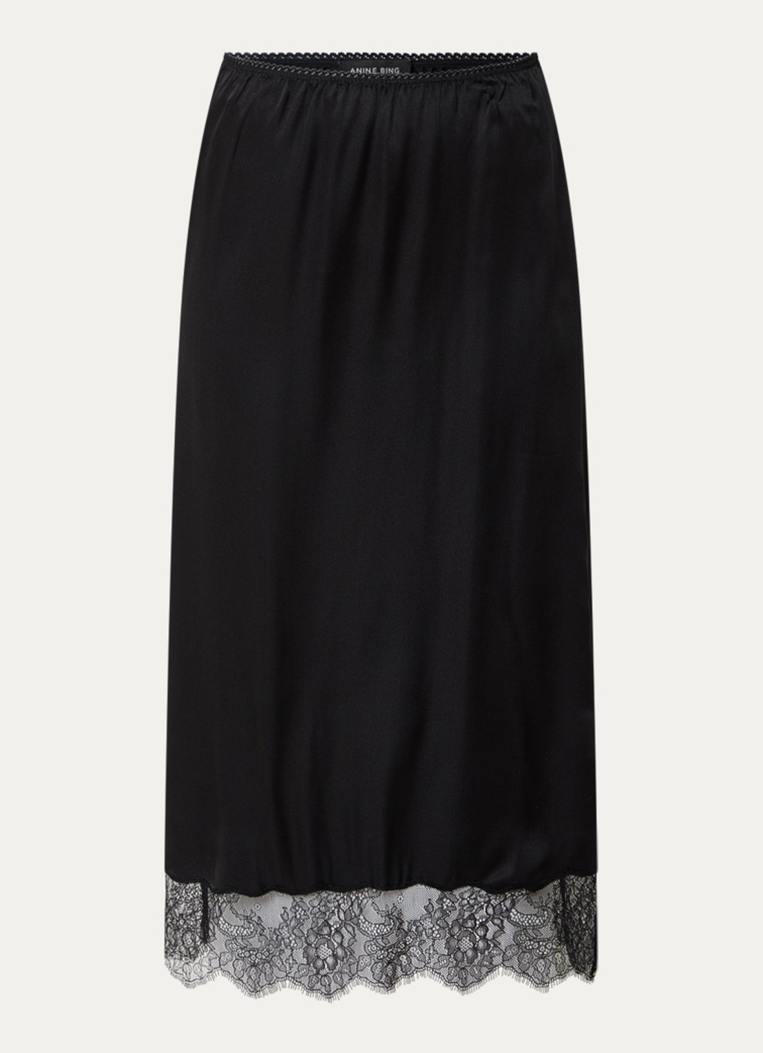 Anine Bing Shelby midi rok in zijdeblend met details van kant - voorkant 3 zwart