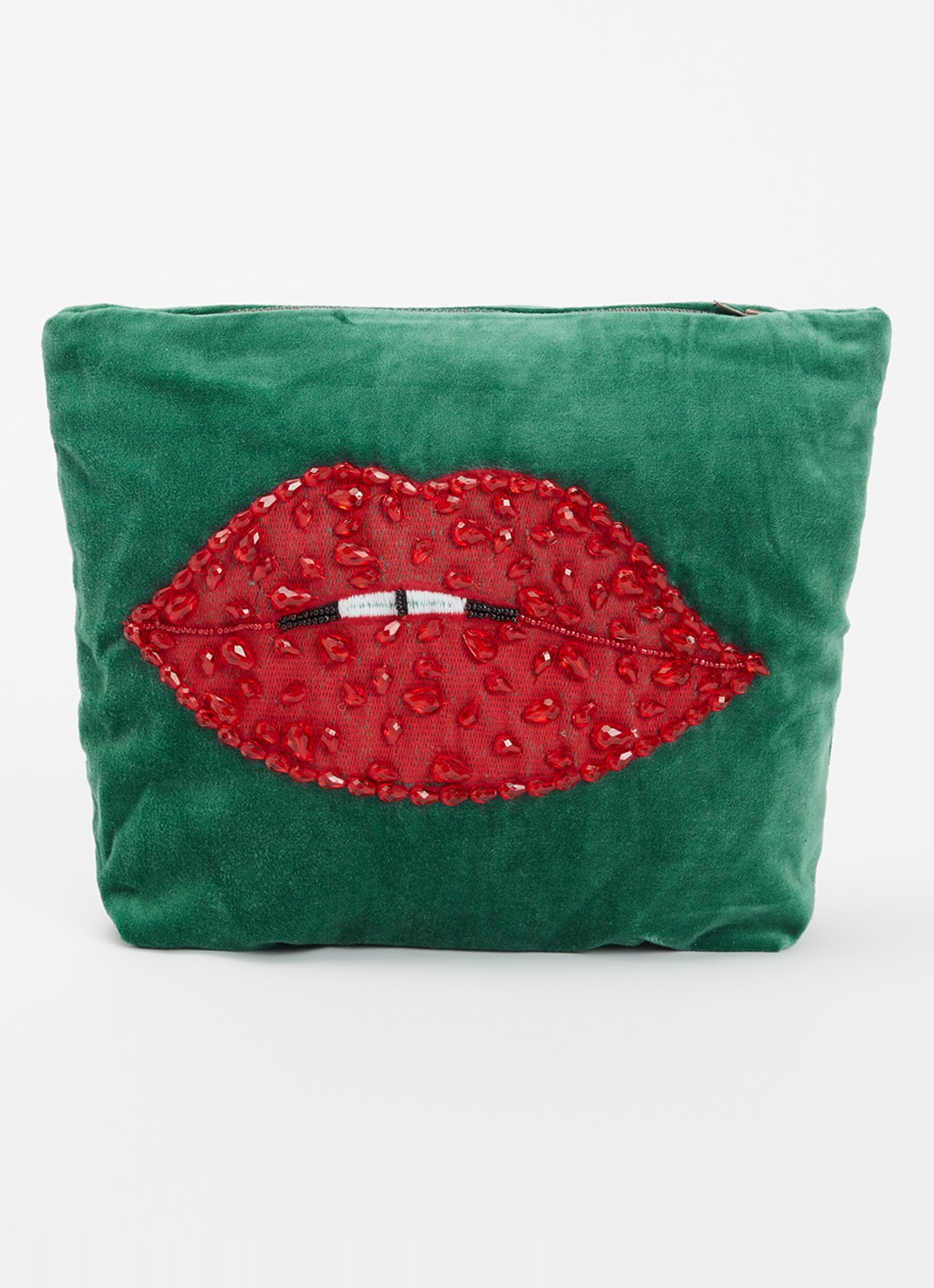 Anna + Nina Beaded Pout make-up tas met borduring en kralendecoratie - voorkant donkergroen
