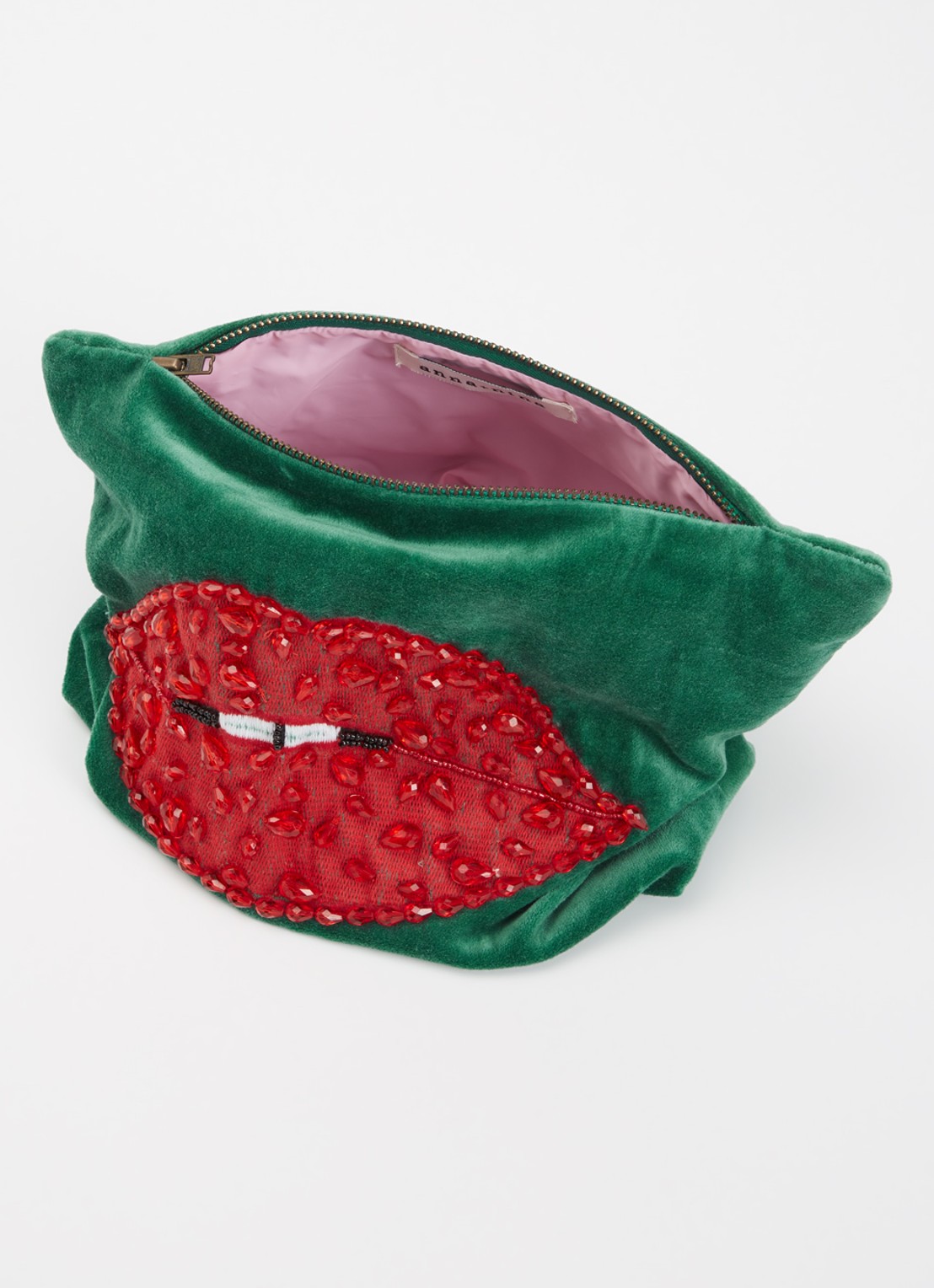 Anna + Nina Beaded Pout make-up tas met borduring en kralendecoratie - voorkant 2 donkergroen