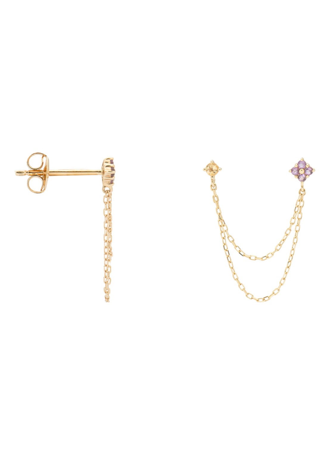 Anna + Nina Gilded Chain enkele oorbel van 14 karaat geelgoud met amethist en citrien - voorkant geelgoud