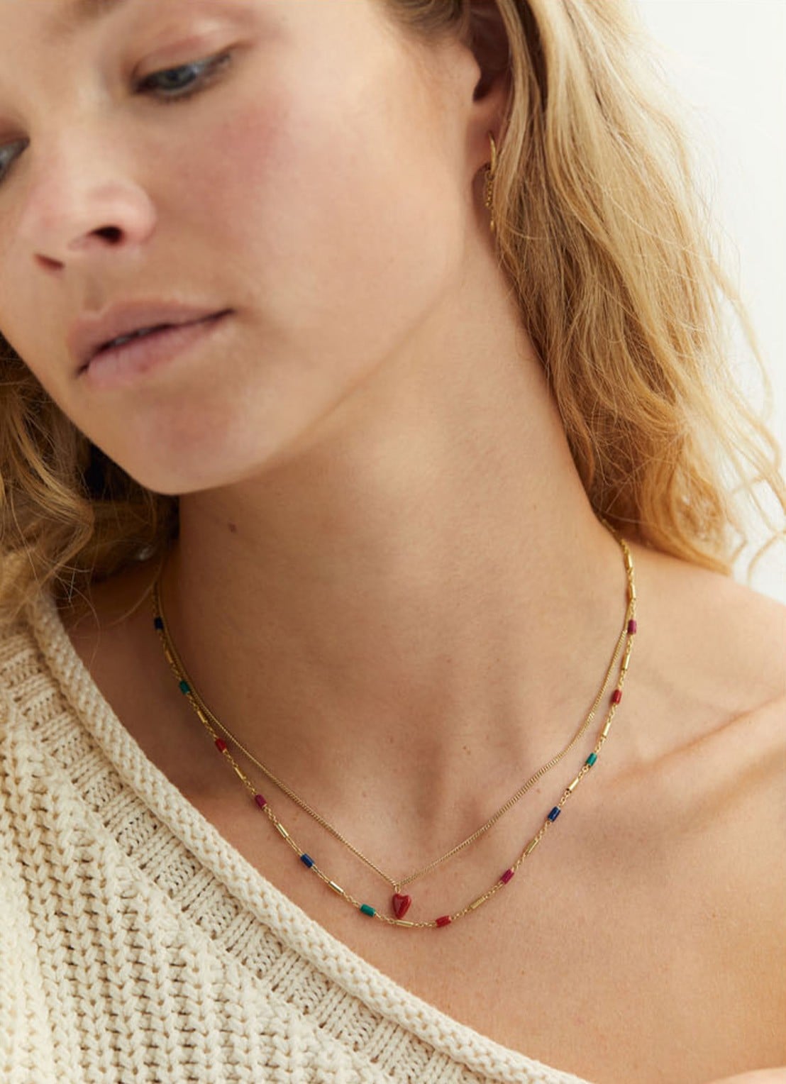 Anna + Nina Heart Beat ketting verguld  - voorkant 3 goud