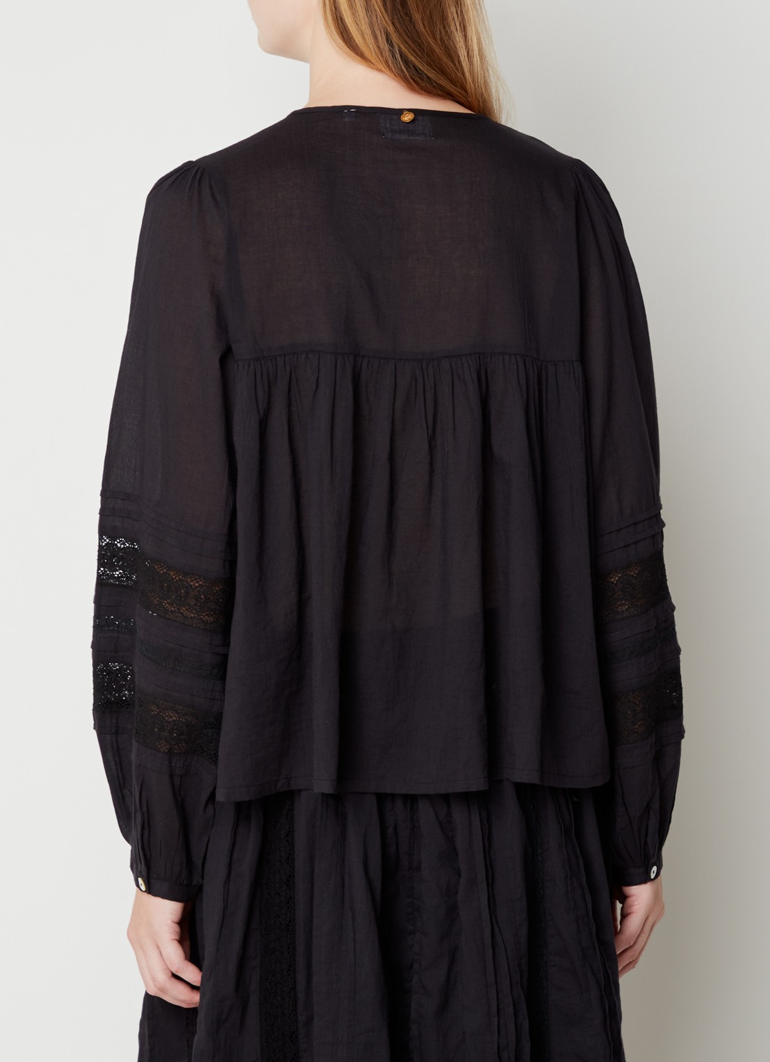 Antik Batik Aloha blouse met ballonmouw en details van kant - achterkant 3 zwart