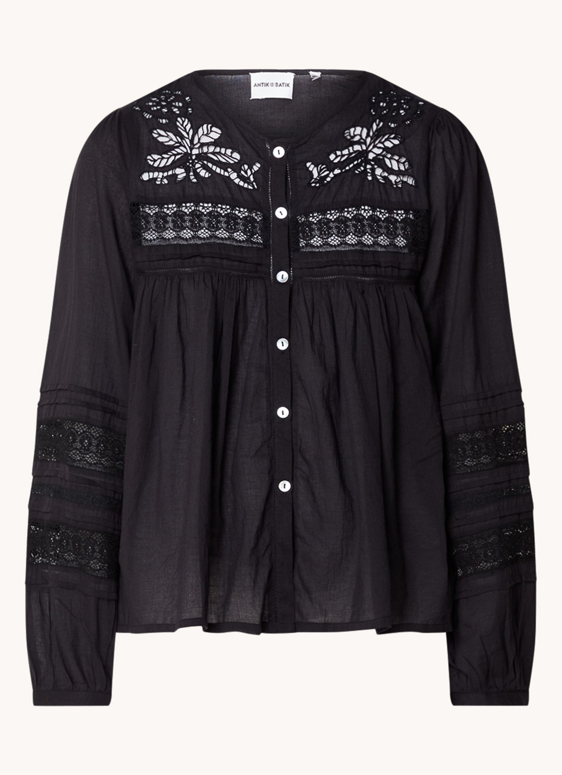 Antik Batik Aloha blouse met ballonmouw en details van kant - voorkant zwart