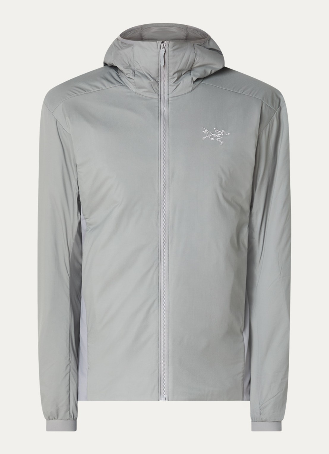 Arc'teryx Atom gewatteerd jack met capuchon en ritszakken - voorkant lichtgrijs