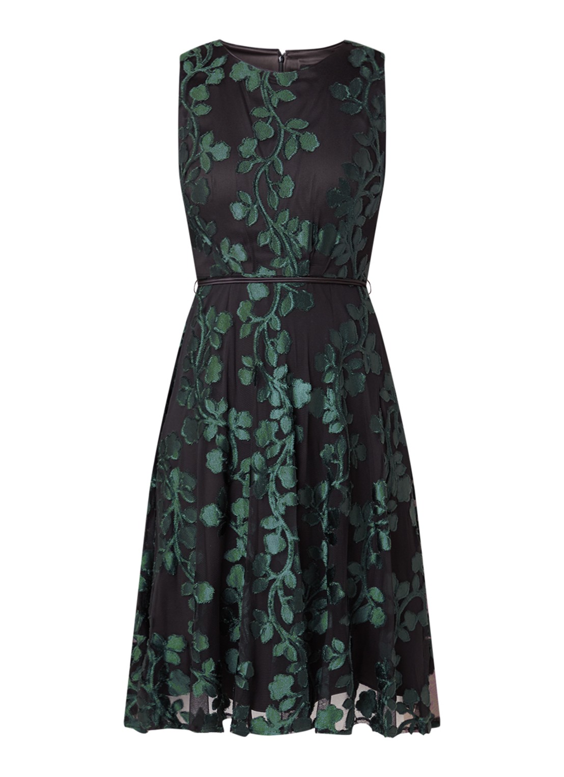 Ariana midi jurk met jacquard dessin en strikceintuur - voorkant 2 zwart