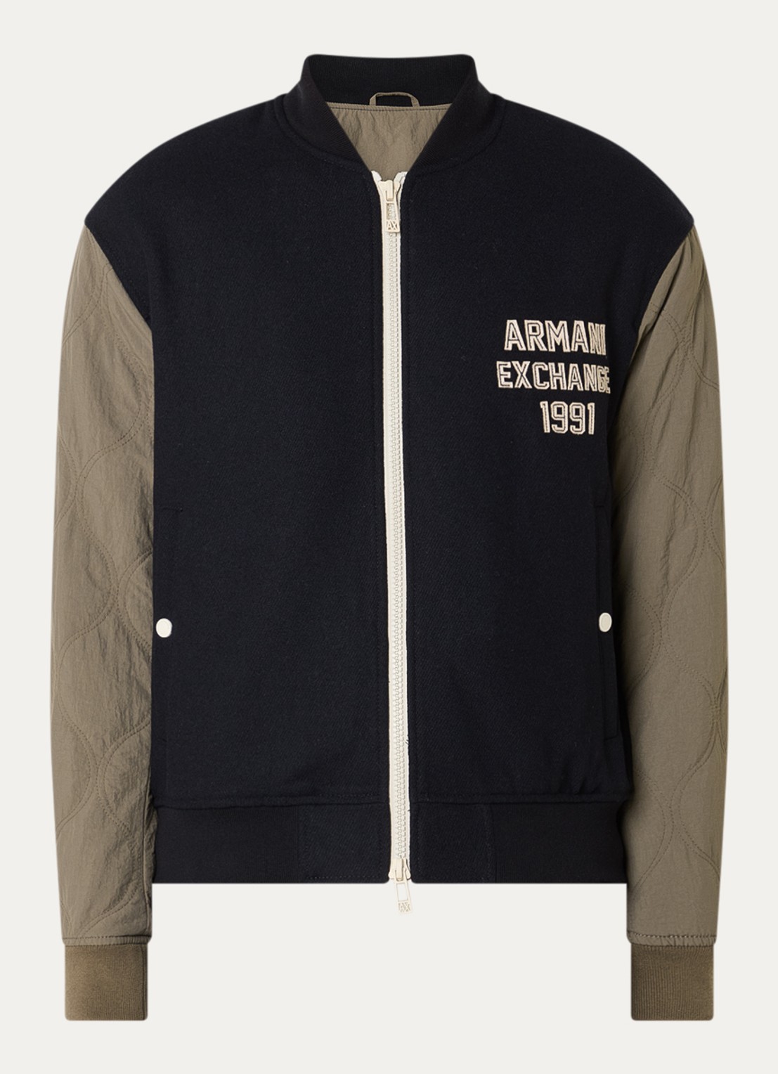 Armani Bomberjack in scheerwolblend met logoborduring en quilt patroon - voorkant 2 donkerblauw