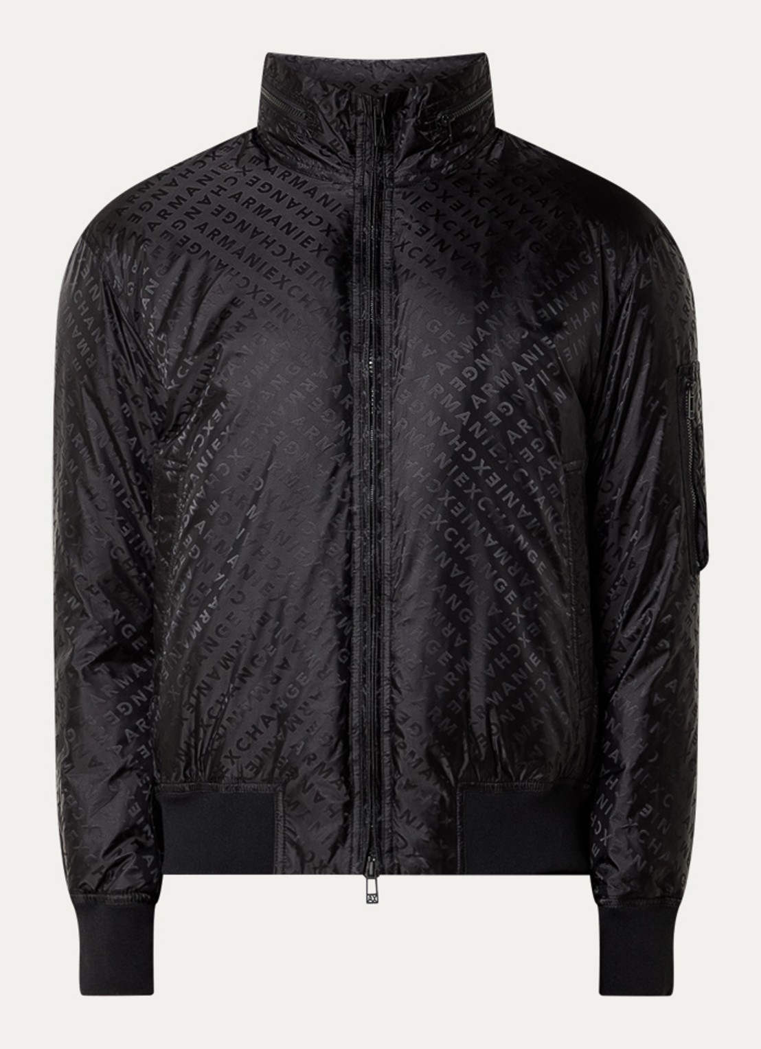 Armani Bomberjack met logoprint en opbergbare capuchon - voorkant 2 zwart