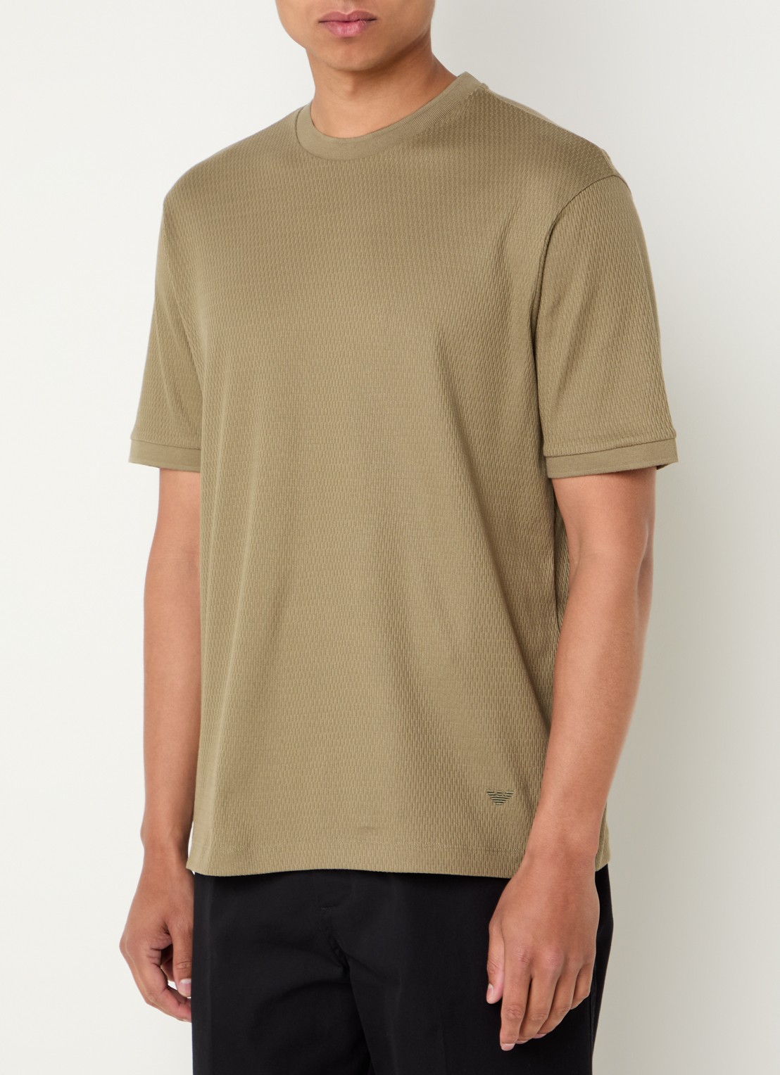 Armani Fijngebreid T-shirt met ingebreid patroon - detail mosgroen