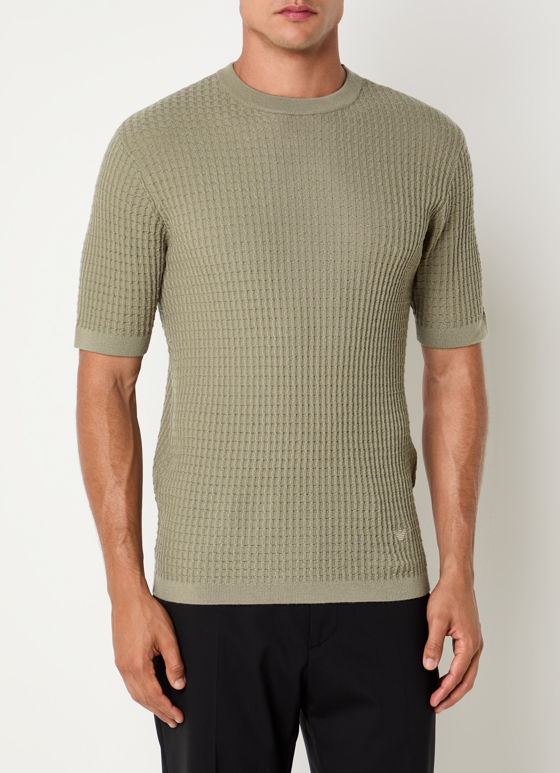 Armani Fijngebreid T-shirt van wol met structuur - detail 2 khaki