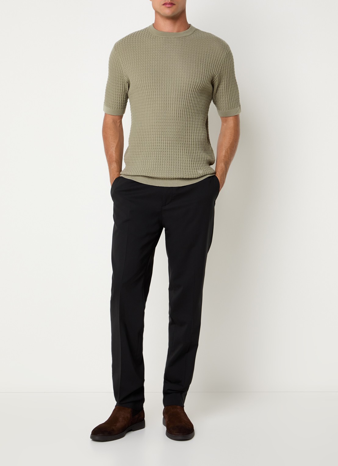 Armani Fijngebreid T-shirt van wol met structuur - voorkant 4 khaki