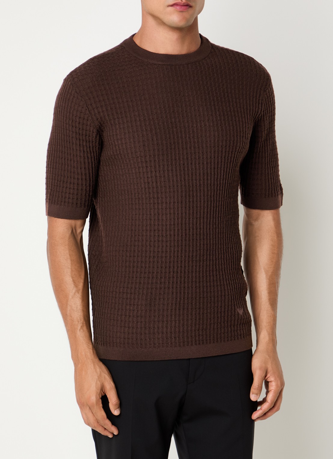 Armani Fijngebreid T-shirt van wol met structuur - detail 3 donkerbruin
