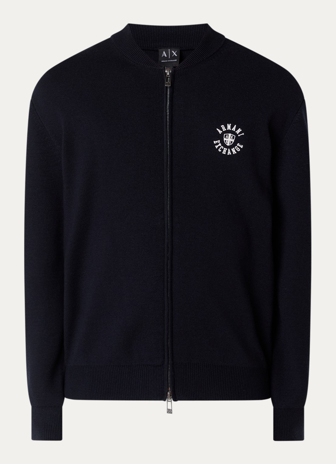 Armani Fijngebreid vest in scheerwolblend met logoborduring - voorkant donkerblauw
