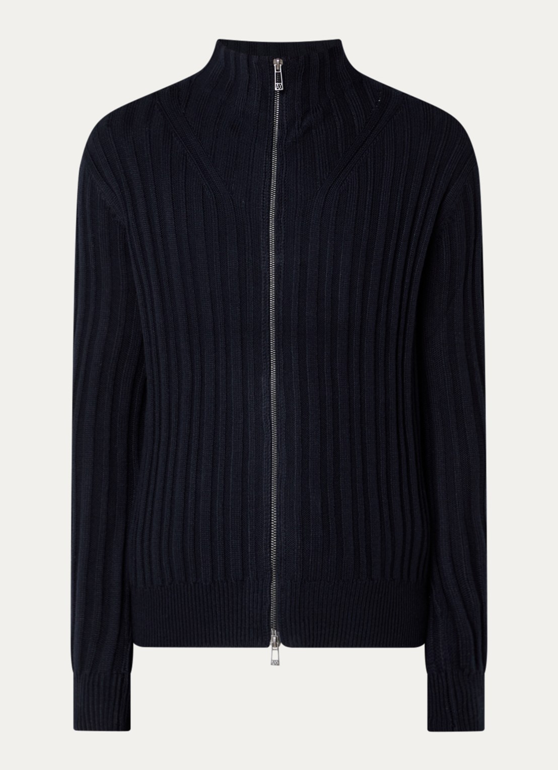 Armani Fijngebreid vest in wolblend met opstaande kraag - voorkant donkerblauw