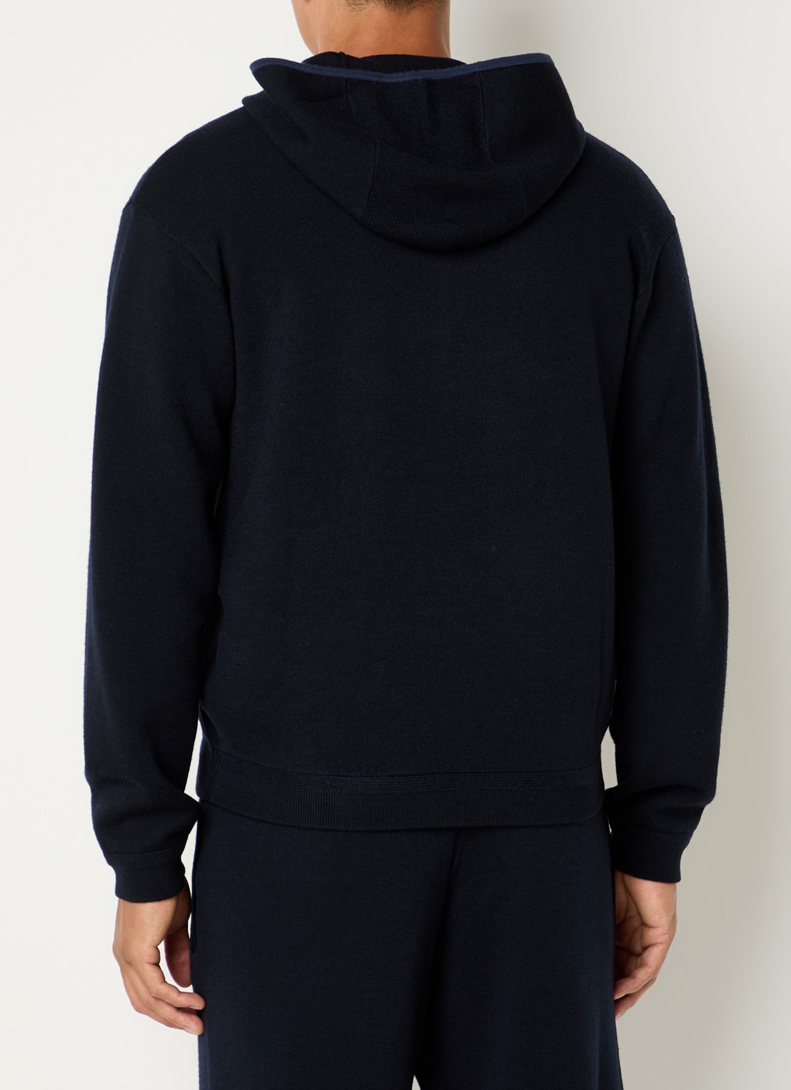 Armani Fijngebreid vest met capuchon en logo - achterkant donkerblauw