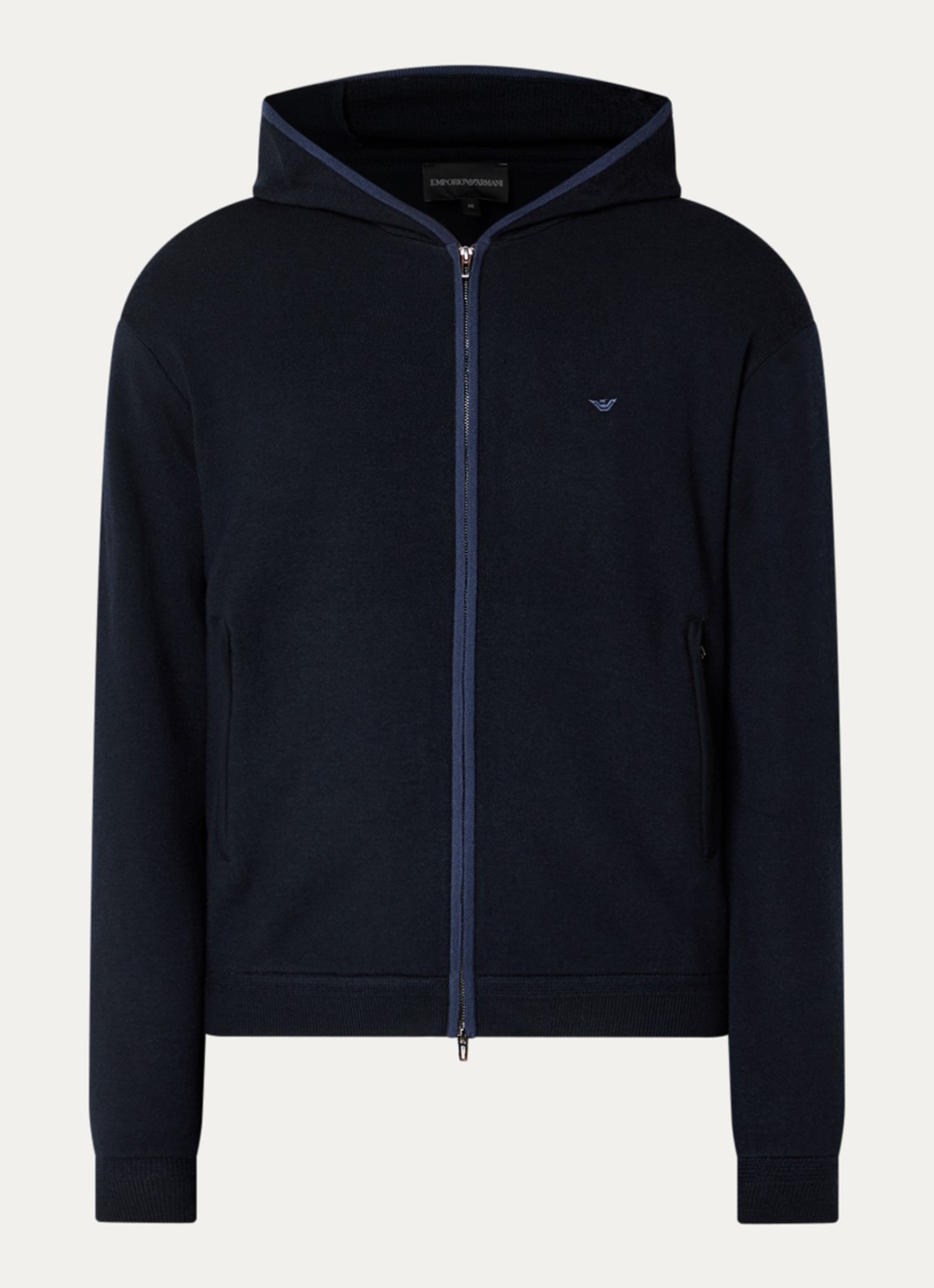 Armani Fijngebreid vest met capuchon en logo - voorkant 3 donkerblauw