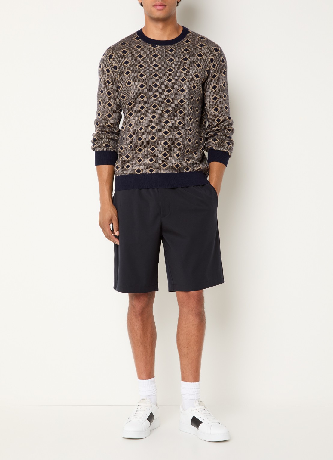 Armani Fijngebreide pullover in kasjmierblend met ingebreid patroon - voorkant 2 donkerblauw