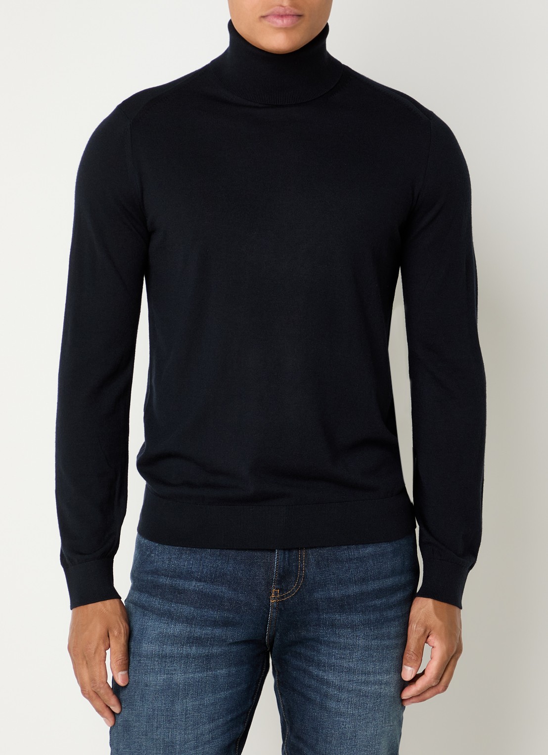 Armani Fijngebreide pullover in wolblend met col - detail donkerblauw