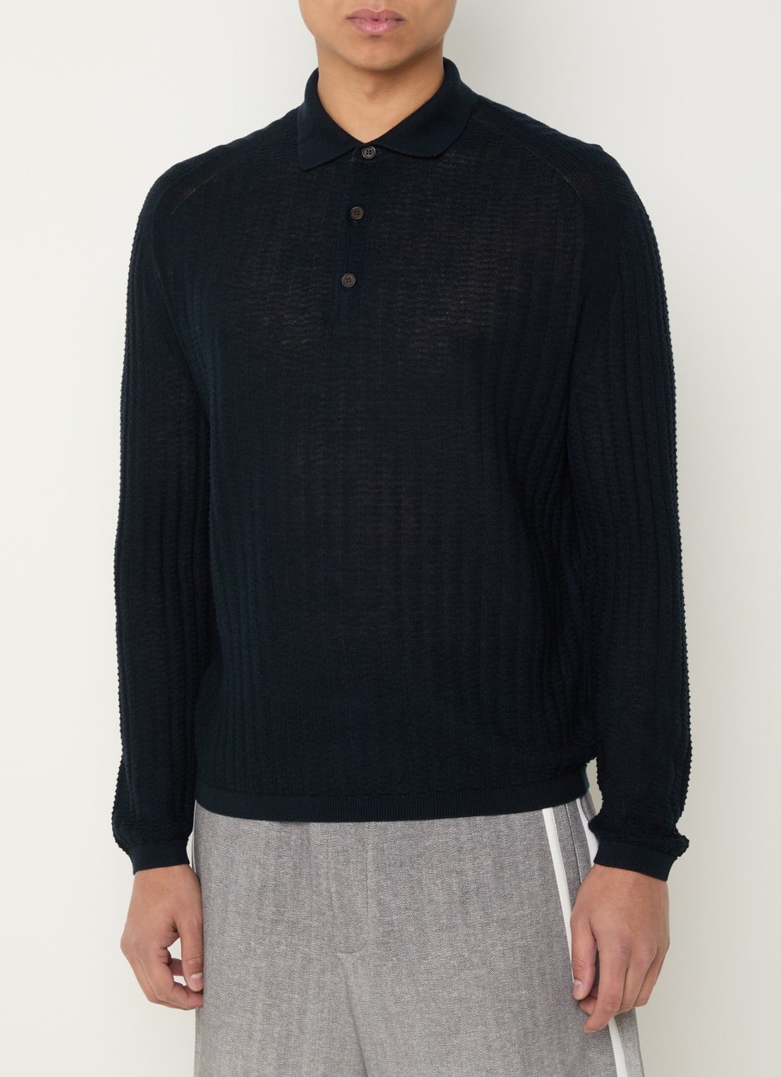 Armani Fijngebreide pullover in zijdeblend met kraag - detail 3 donkerblauw