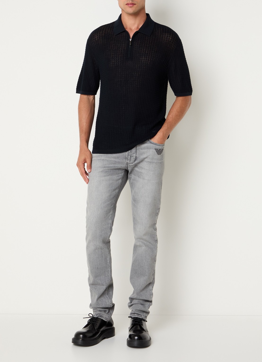 Armani Fijngebreide pullover in zijdeblend met polokraag - voorkant 2 donkerblauw