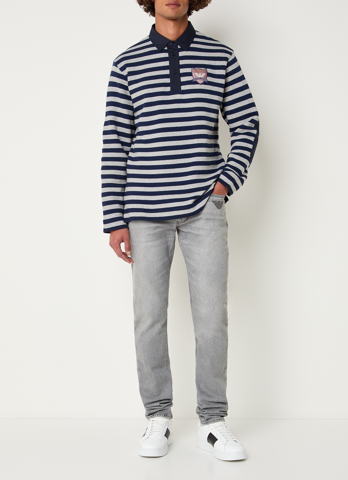 Armani Fijngebreide pullover met polokraag en logoborduring - voorkant 2 donkerblauw