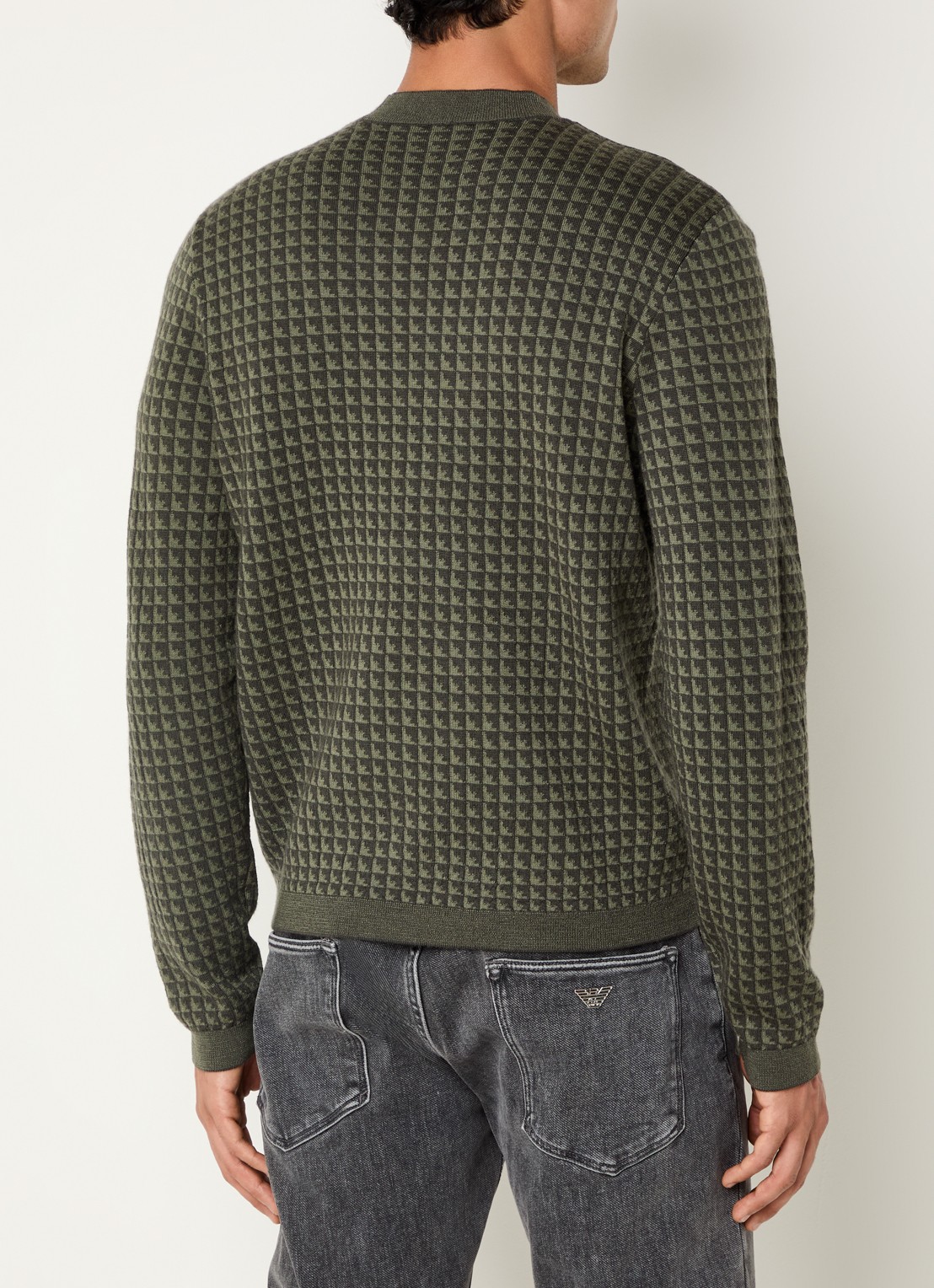 Armani Fijngebreide pullover van scheerwol met ingebreid patroon - achterkant olijfgroen