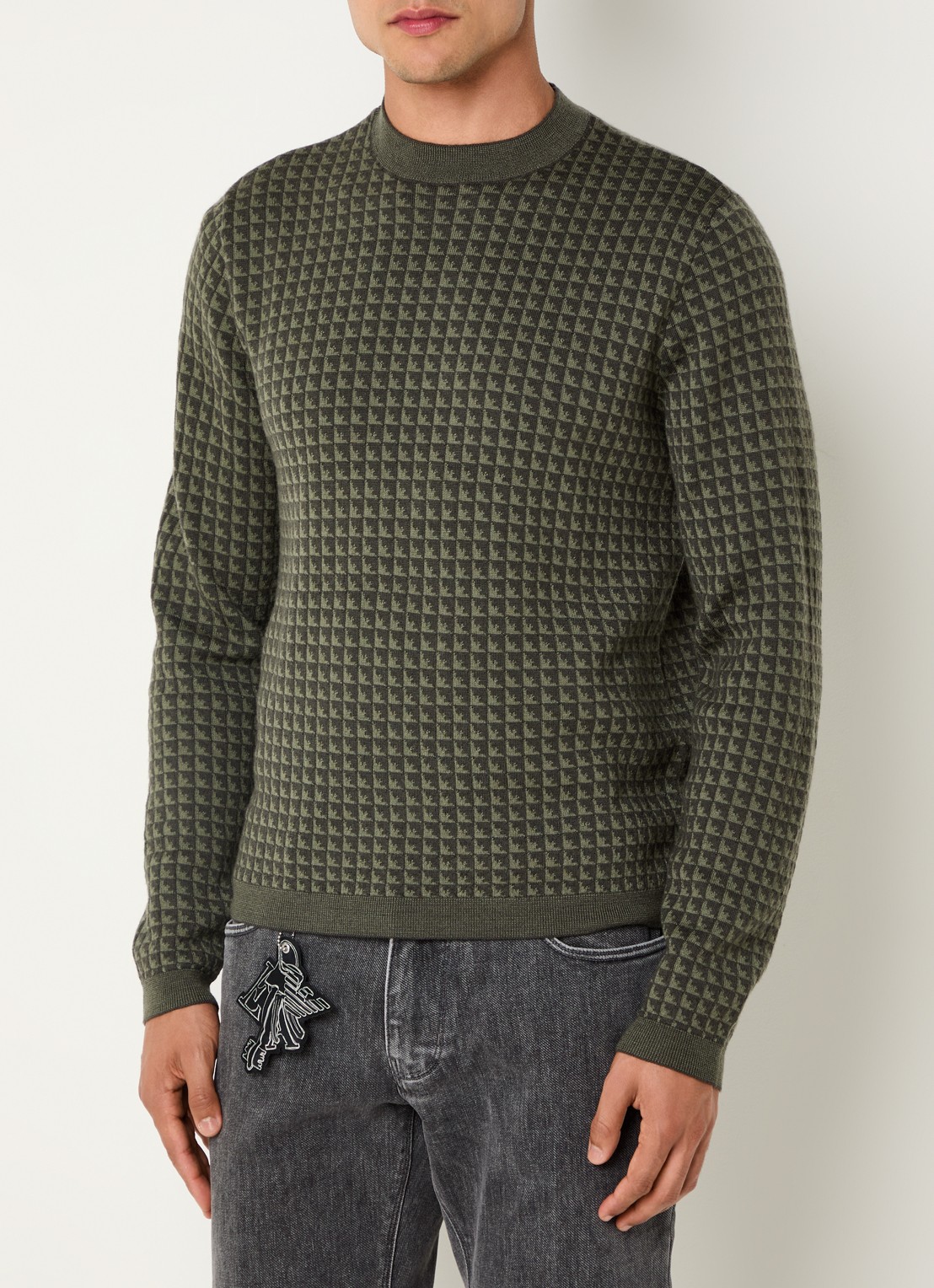 Armani Fijngebreide pullover van scheerwol met ingebreid patroon - detail 4 olijfgroen
