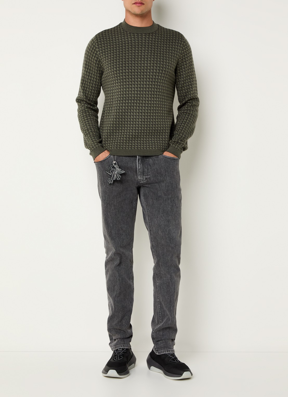 Armani Fijngebreide pullover van scheerwol met ingebreid patroon - voorkant 3 olijfgroen