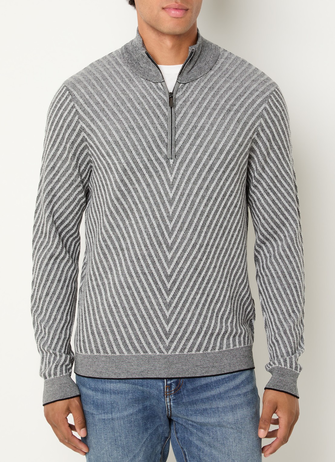 Armani Fijngebreide pullover van wol met halve rits - detail grijs