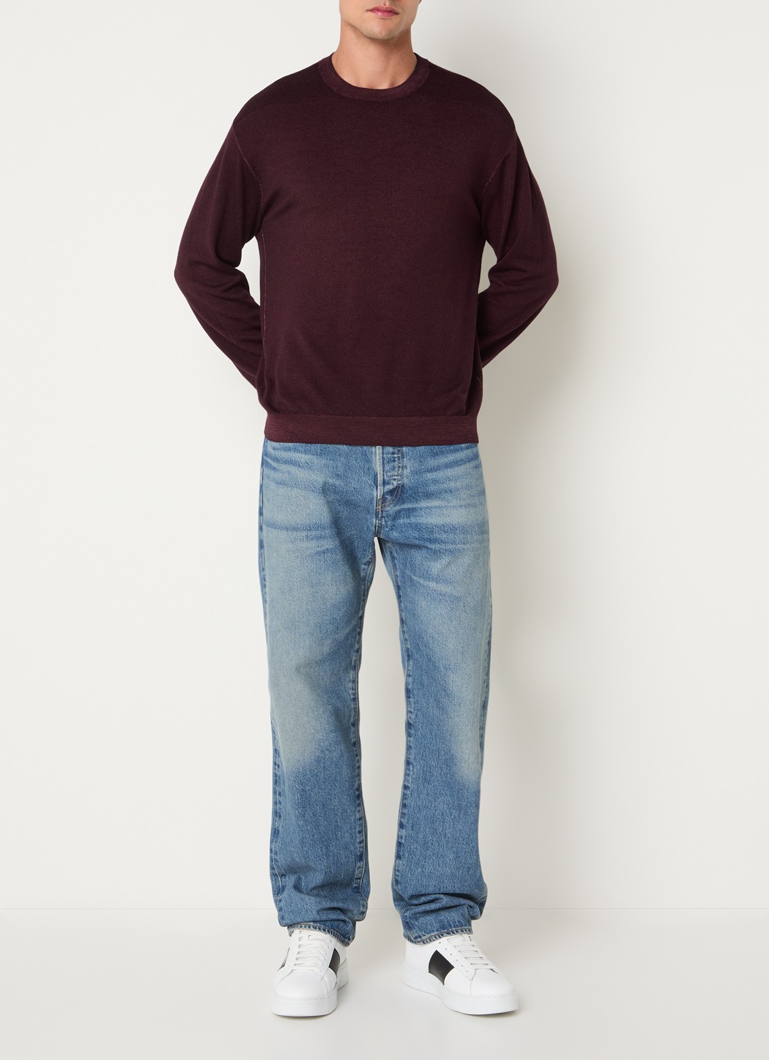 Armani Fijngebreide pullover van wol met ronde hals - voorkant 3 aubergine