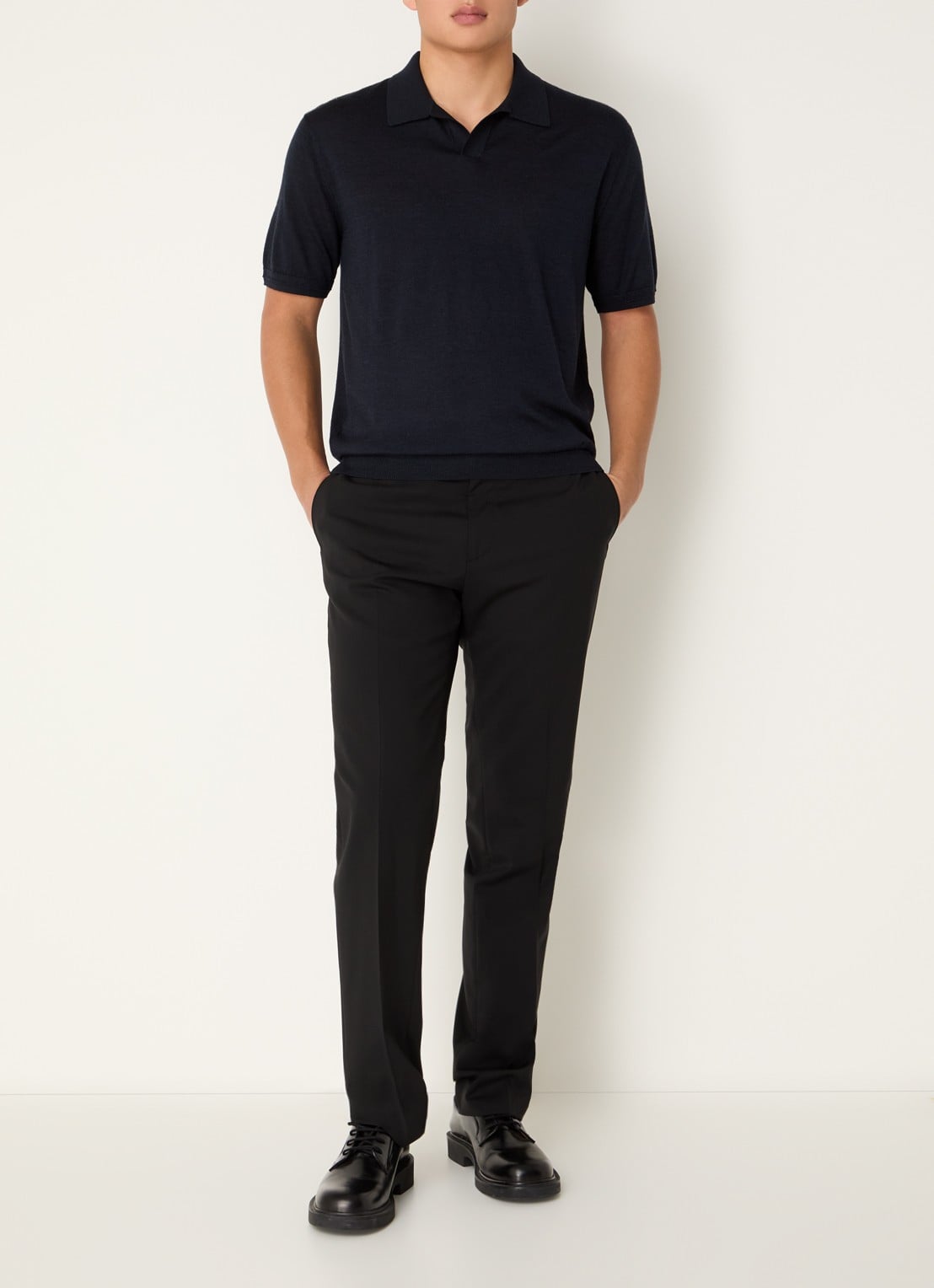Armani Fijngebreide regular fit polo in zijdeblend - voorkant 2 donkerblauw