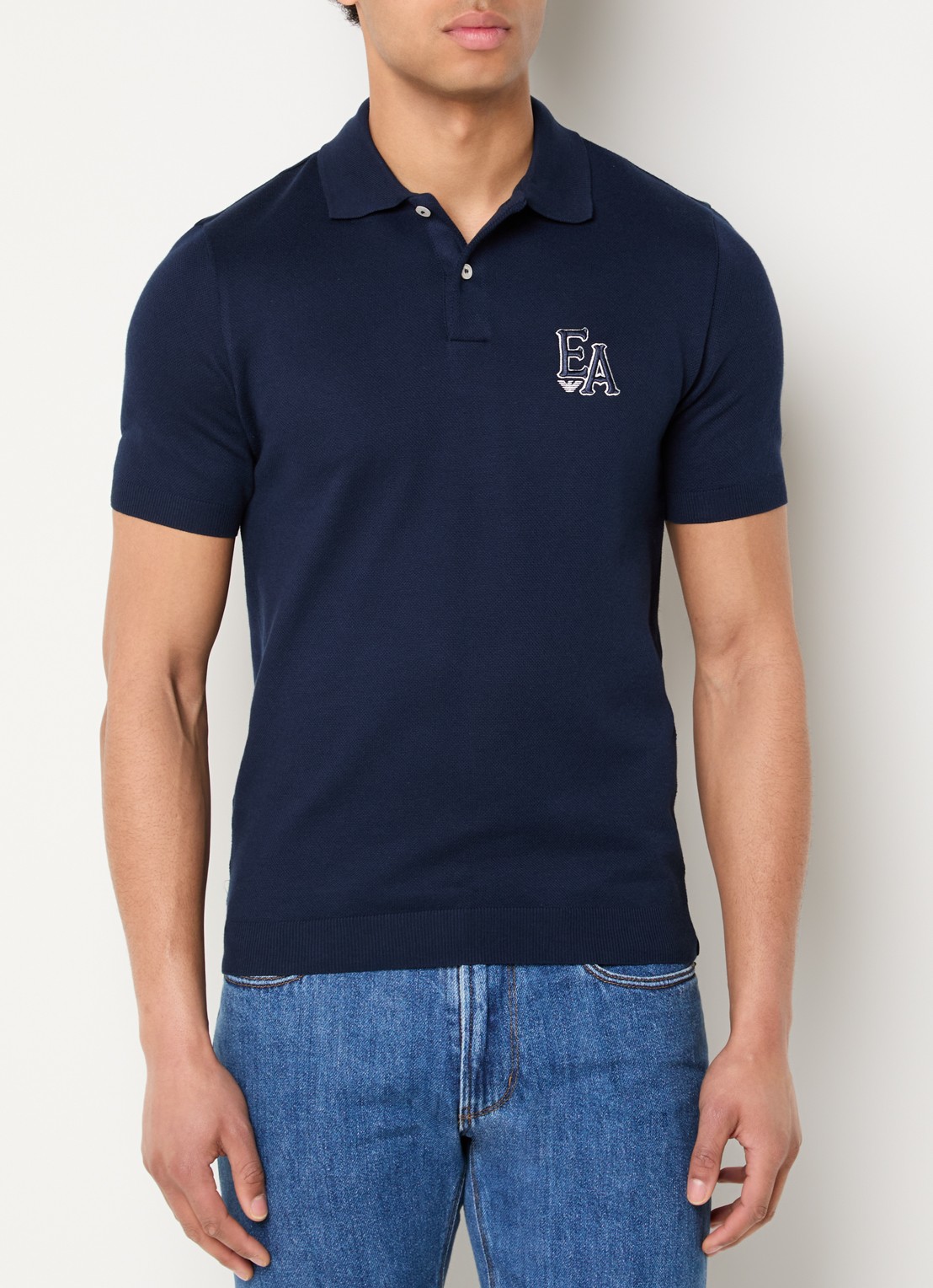 Armani Fijngebreide regular fit polo - detail donkerblauw