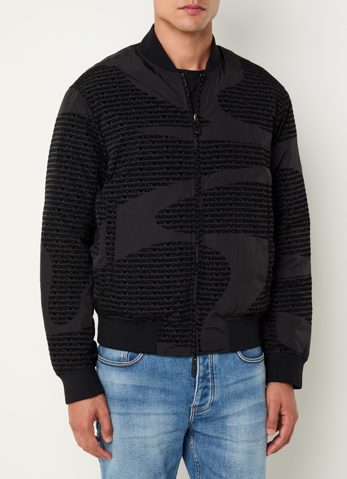 Armani Gewatteerd bomberjack met donsvulling en flockprint - detail 5 zwart