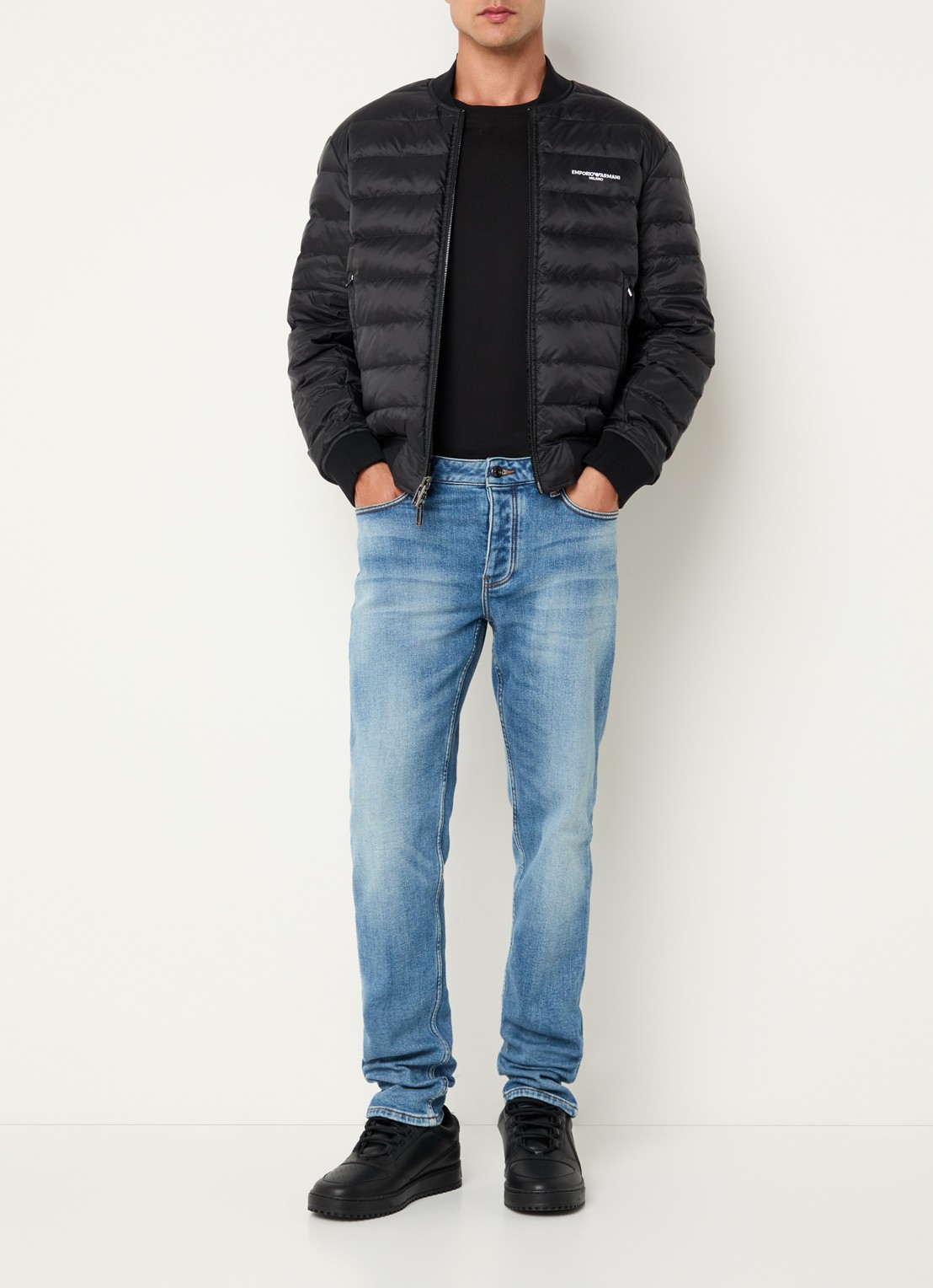 Armani Gewatteerd bomberjack met donsvulling en flockprint - voorkant 3 zwart