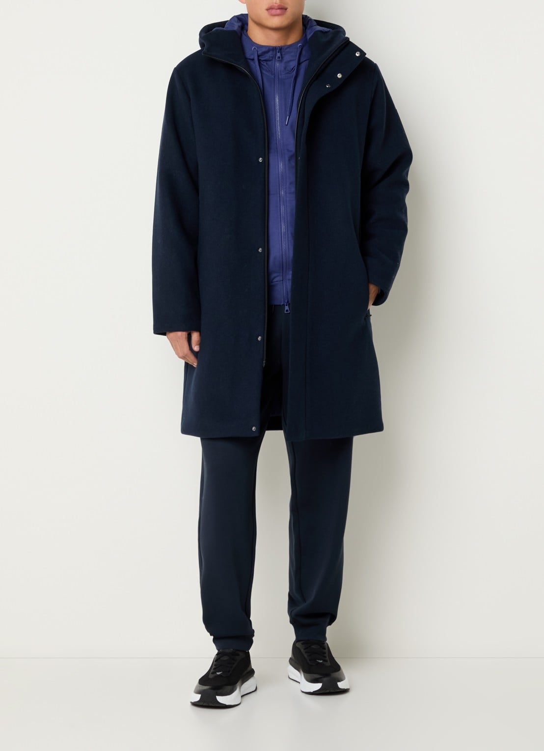 Armani Gewatteerde mantel in wolblend met capuchon - voorkant 4 donkerblauw
