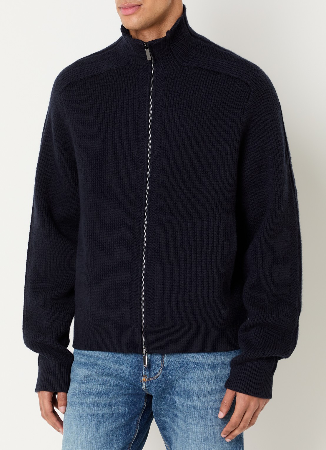 Armani Grofgebreid vest van scheerwol met ribstructuur - detail donkerblauw